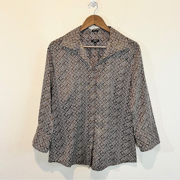 Talbots Wrinkle Resistant Button Front Shirt 12 Brown White Geometric Cotton - Picture 1 of 11